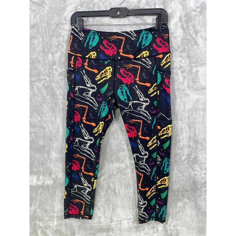 CVG  Leggings Women's Size M Cropped Dinosaur Skeleton Pockets Black